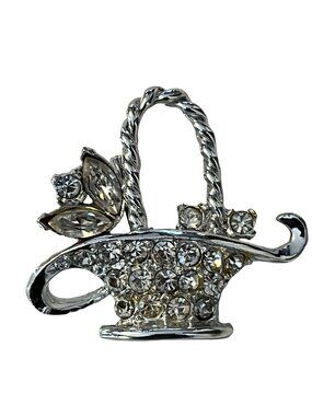 Vintage Rhinestone Watering Can Brooch Silver Tone Floral Pin Figural Garden Jew